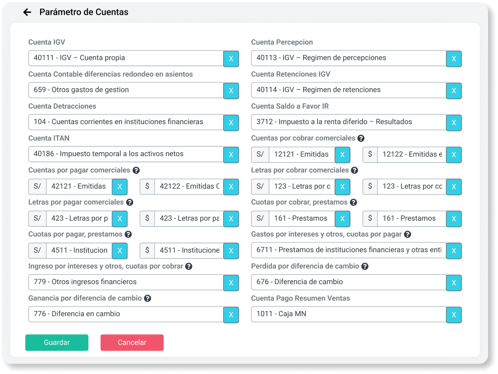 Panel de configuración de plan contable en ContaUno mostrando parámetros personalizables de cuentas para empresas peruanas