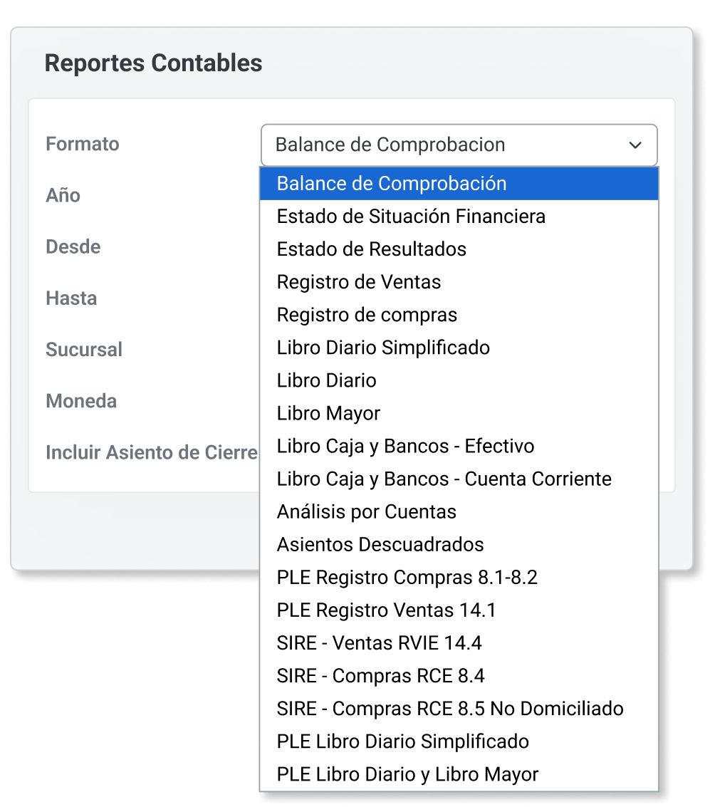 Menú de reportes contables ContaUno con Balance de Comprobación, Estado de Resultados, Registro de Ventas y PLE SUNAT en Excel y PDF para Perú
