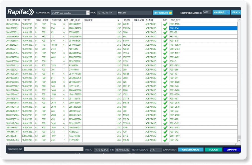 Validador de comprobantes electrónicos ContaUno verificando facturas y boletas con SUNAT en tiempo real para empresas peruanas