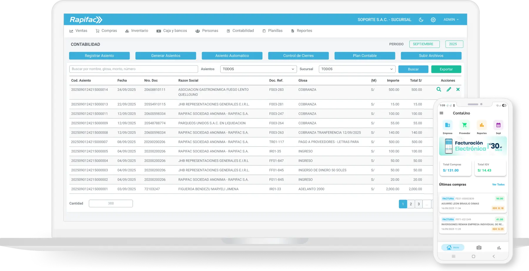 Software contable ContaUno mostrando interfaz de gestión financiera con módulos de facturación, planillas y reportes SUNAT para empresas peruanas
